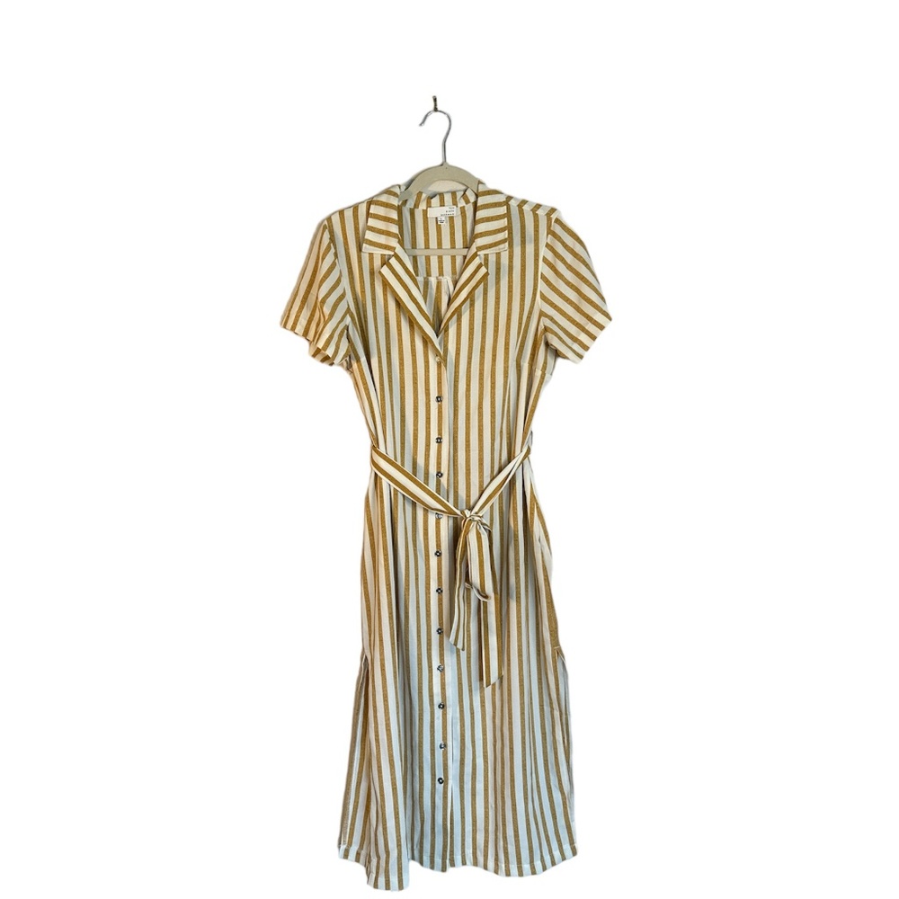 Ten Sixty Sherman Women's Midi Dress Yellow and White Stripes Button Front Sz L